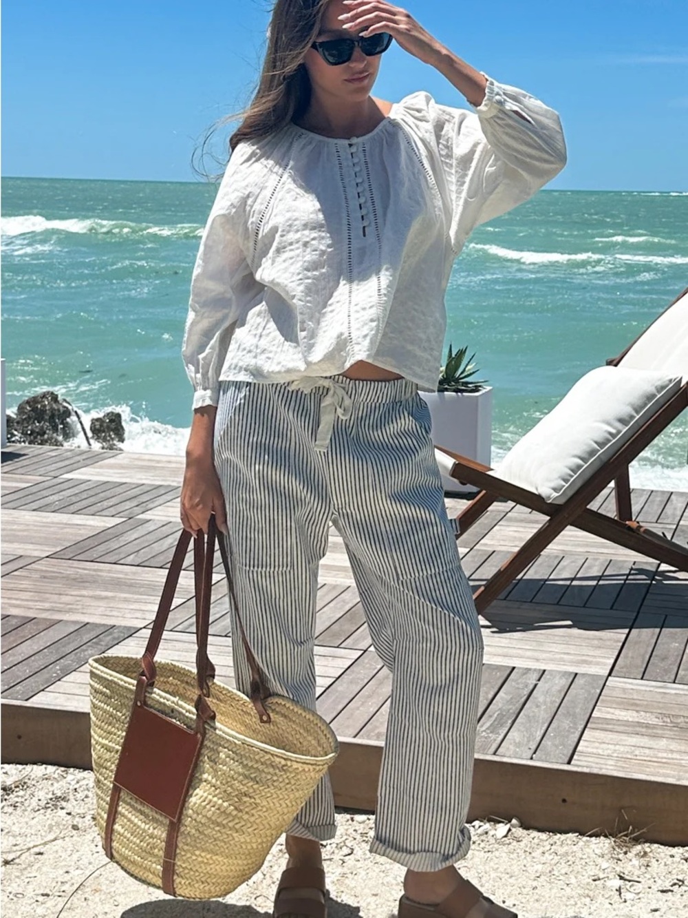 Emerson Fry Indigo Striped Drawstring Wide-Leg Cargo Pants